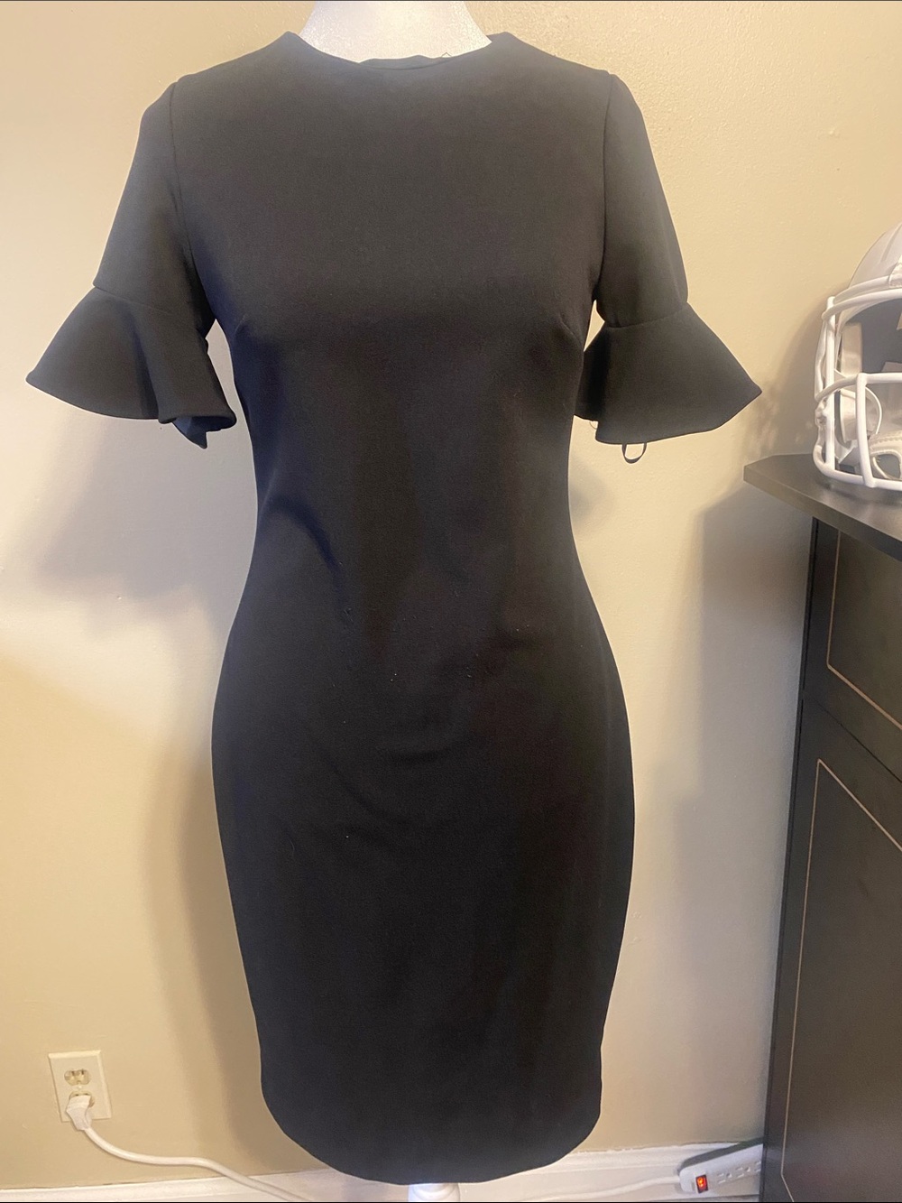 Calvin Klein Black Midi Sheath Dress with Ruffle Short Sleeves